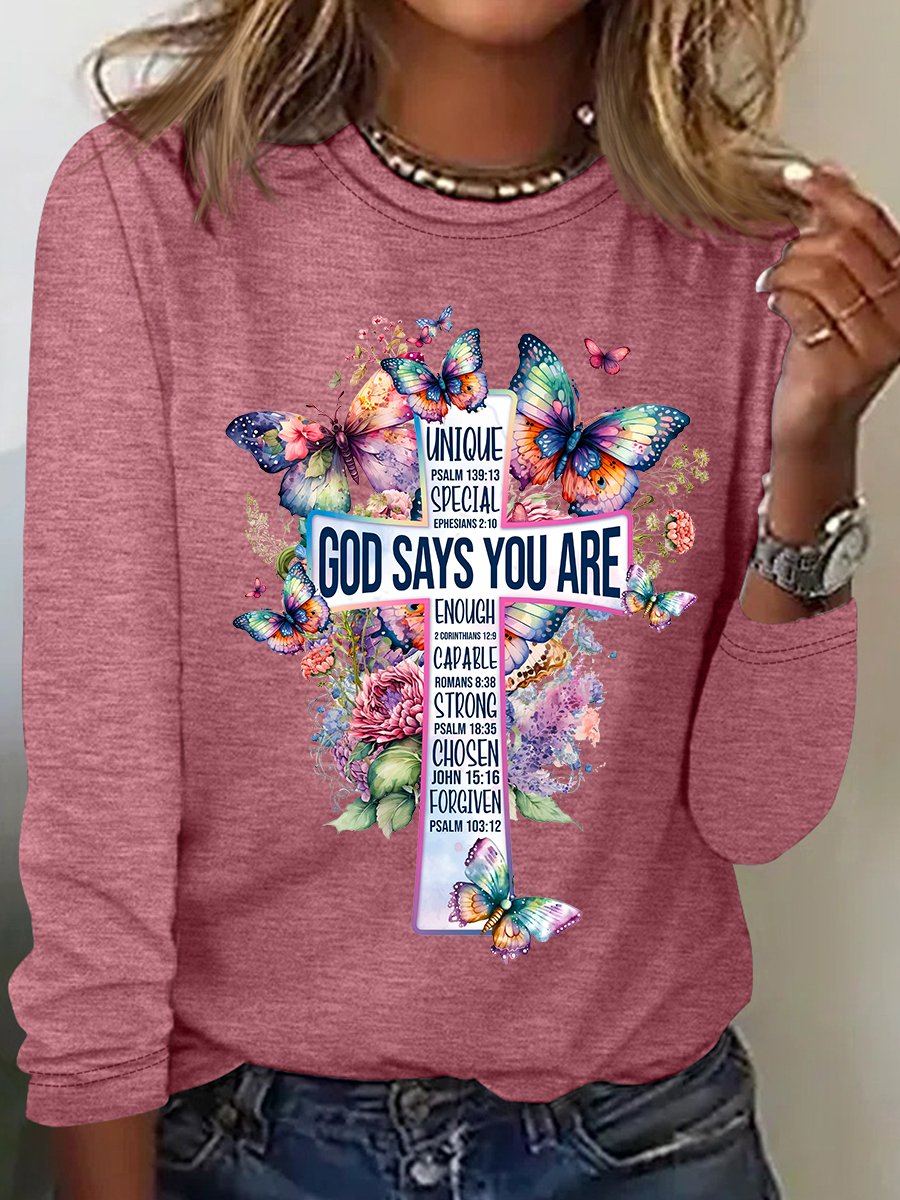 God Says You Are Cross Bible Verse Cross With Watercolor Flowers And Butterflies Casual Long Sleeve Shirt