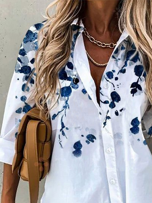 Long Sleeve Floral-Print Shirt Collar Casual Blouse