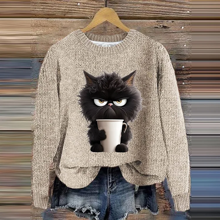 Grumpy Moring Coffee Cat Printed Knitted Pullover Sweater