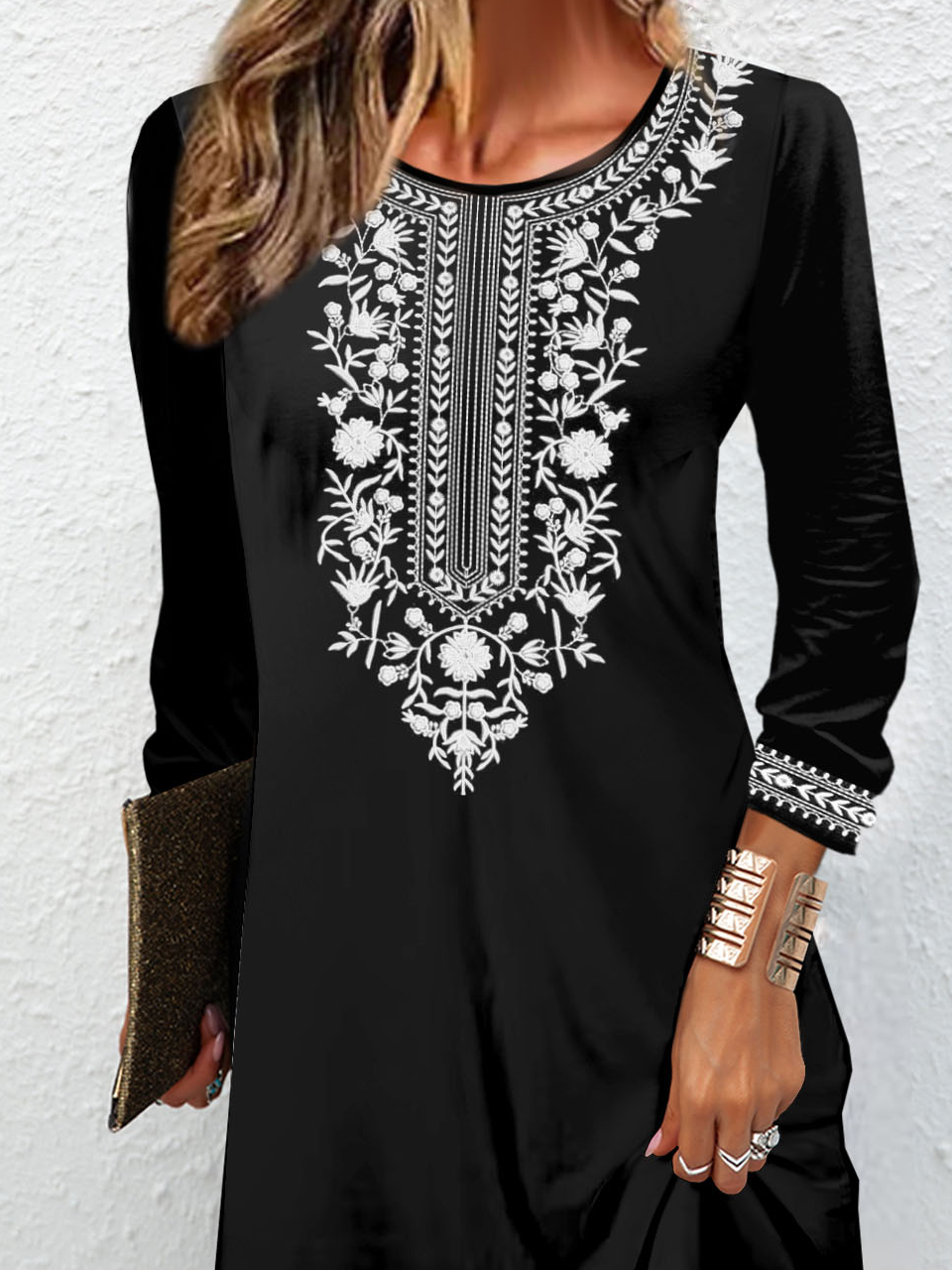 Ethnic pattern casual round neck dress