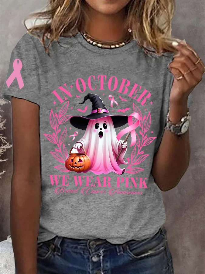 Women's In October We Wear Pink Halloween Ghost Breast Cancer Awareness Warrior Cotton T-shirt