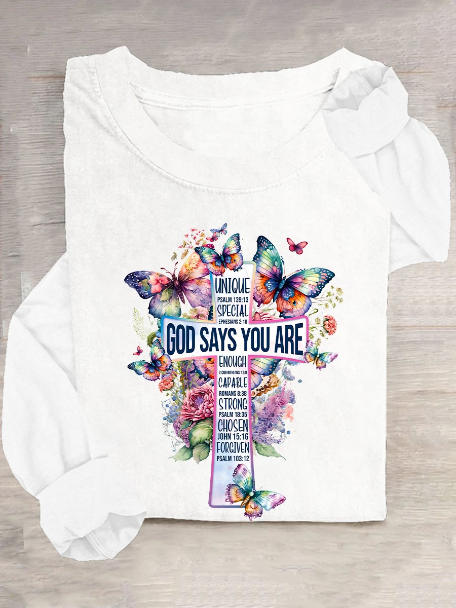 God Says You Are Cross Bible Verse Cross With Watercolor Flowers And Butterflies Casual Long Sleeve Shirt