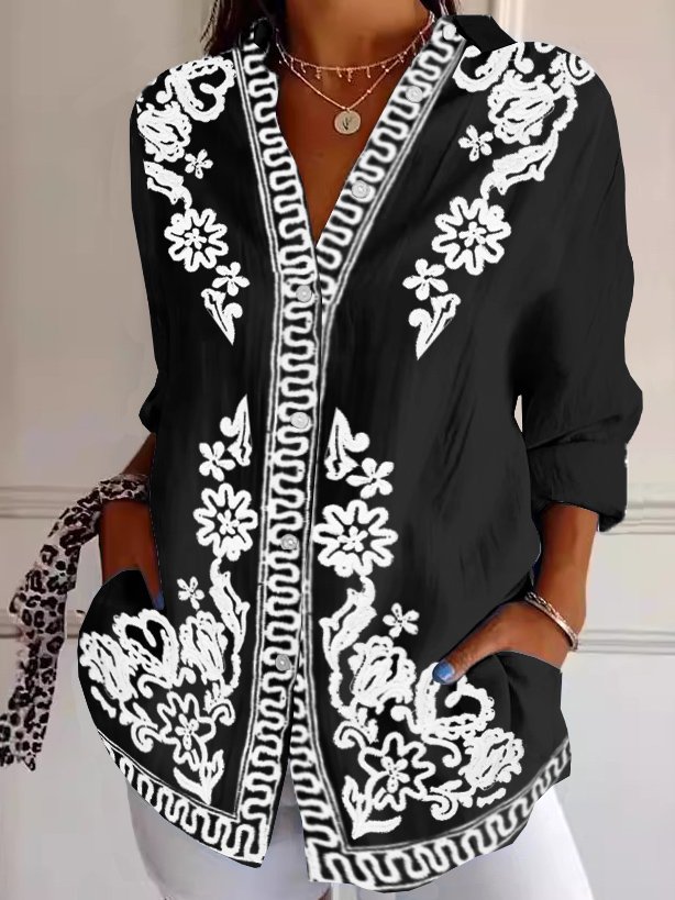 Ethnic Boho Loose Shirt Collar Shirt