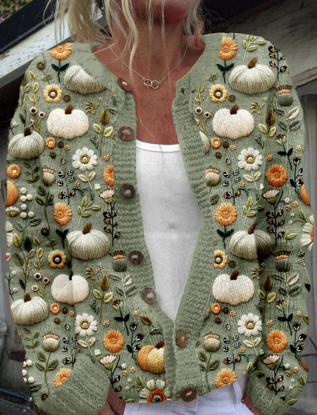 Fall Pumpkins Embroidered Cozy Knit Cardigan