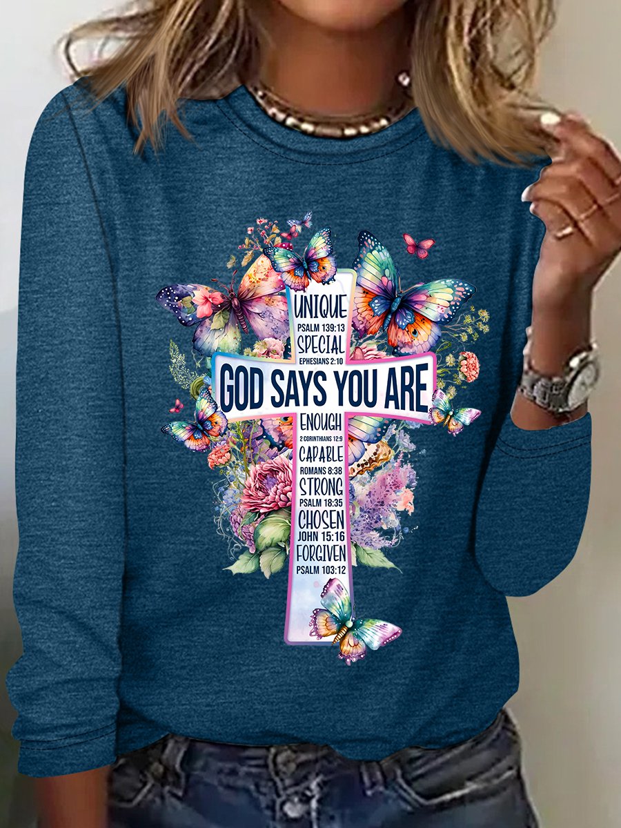 God Says You Are Cross Bible Verse Cross With Watercolor Flowers And Butterflies Casual Long Sleeve Shirt