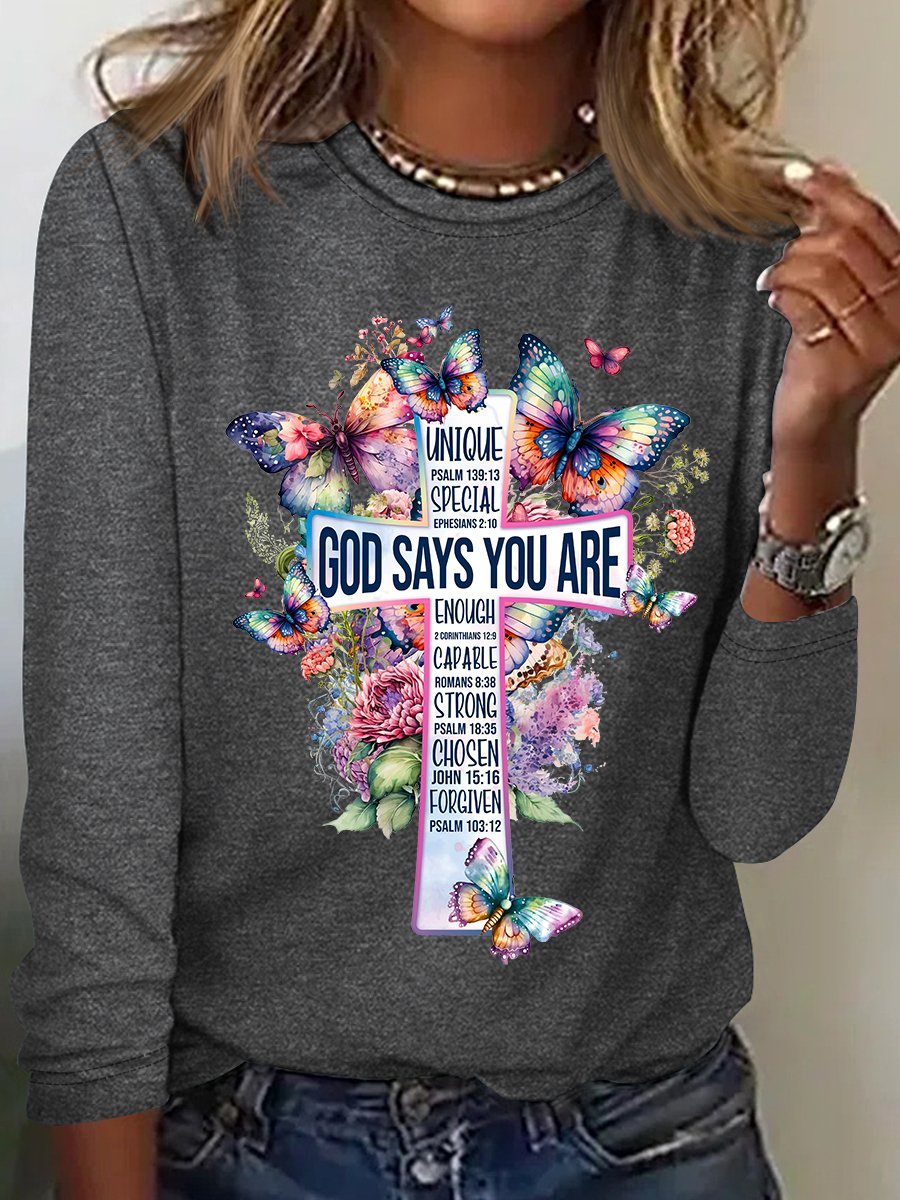 God Says You Are Cross Bible Verse Cross With Watercolor Flowers And Butterflies Casual Long Sleeve Shirt