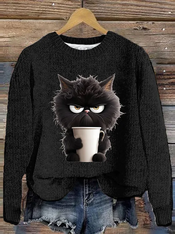 Grumpy Moring Coffee Cat Printed Knitted Pullover Sweater