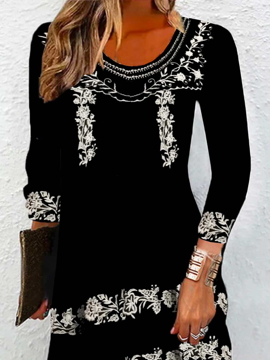 Hippie Crew Neck Casual Floral Dress