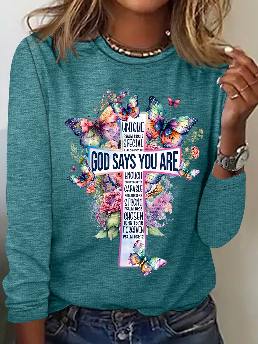 God Says You Are Cross Bible Verse Cross With Watercolor Flowers And Butterflies Casual Long Sleeve Shirt