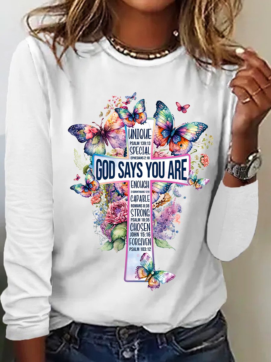 God Says You Are Cross Bible Verse Cross With Watercolor Flowers And Butterflies Casual Long Sleeve Shirt