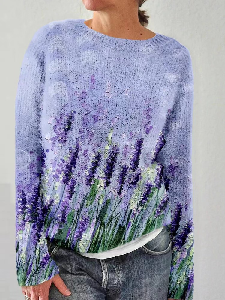 Knitted Crew Neck Casual Purple Floral Alzheimer's Sweater