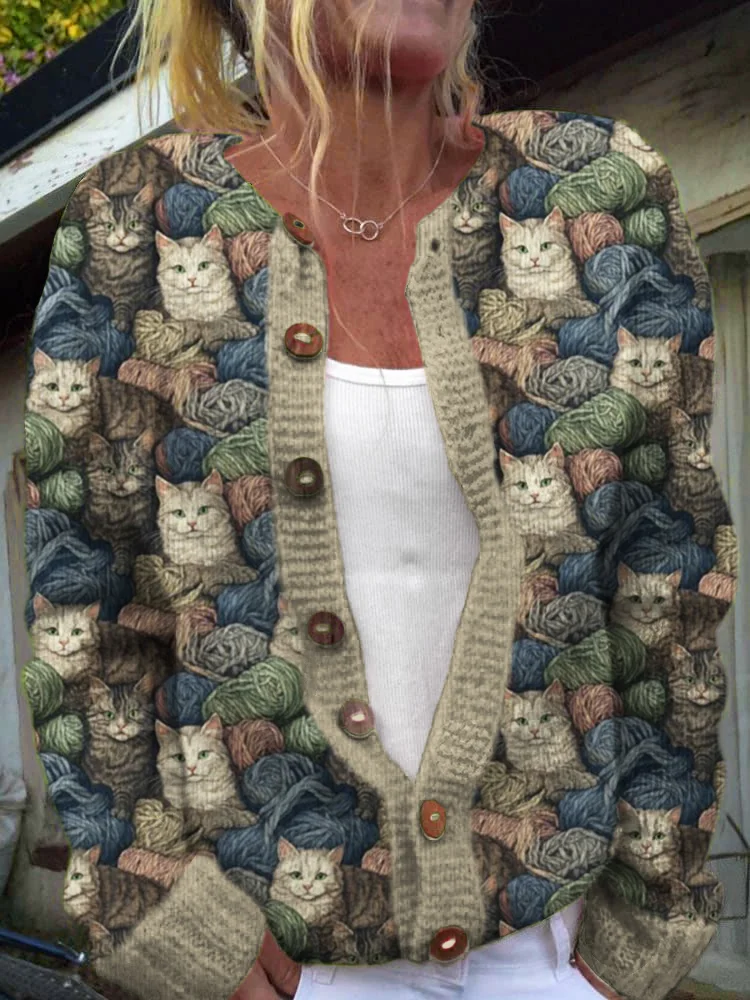 Retro cat round neck button knit sweater