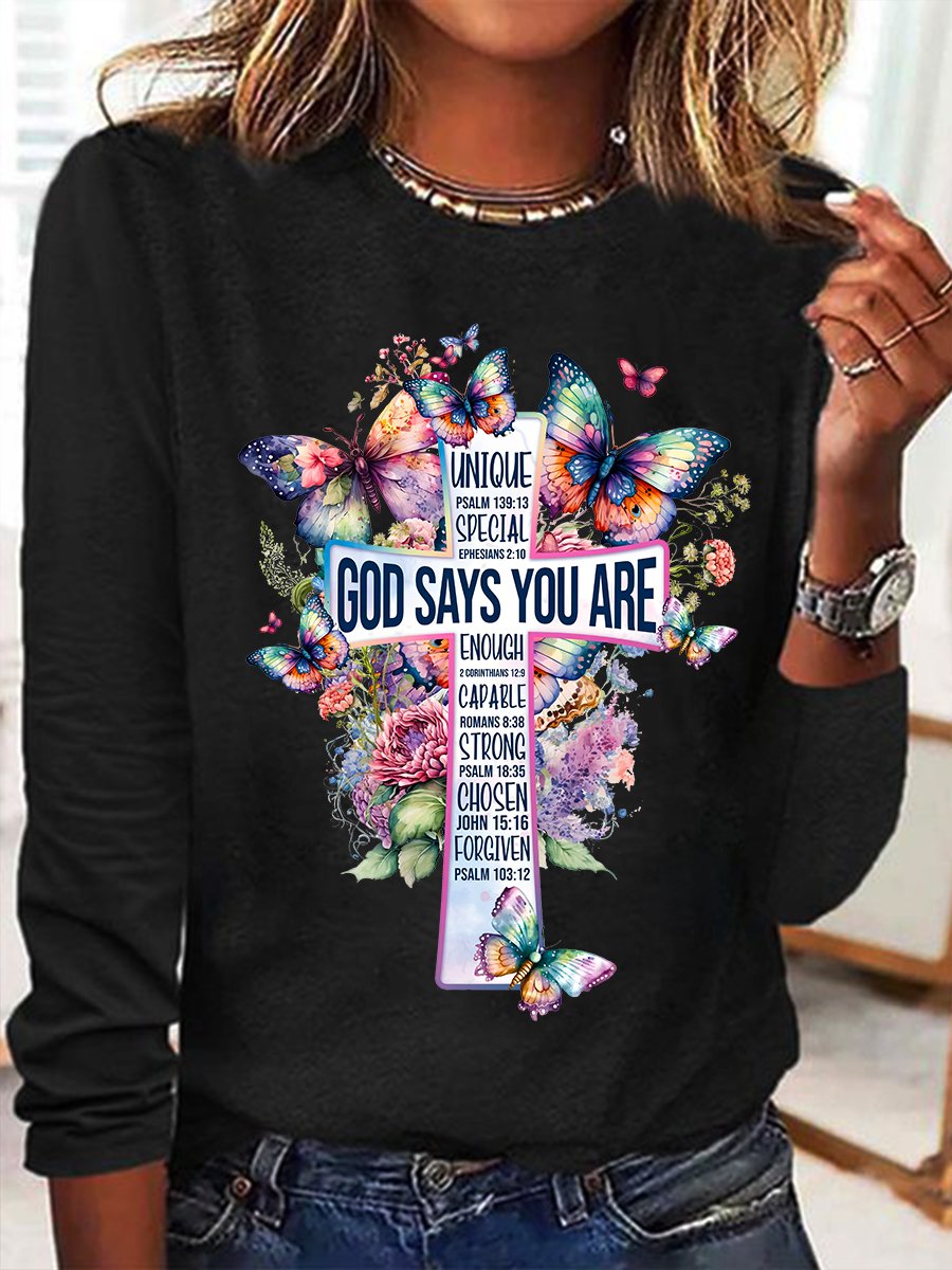 God Says You Are Cross Bible Verse Cross With Watercolor Flowers And Butterflies Casual Long Sleeve Shirt