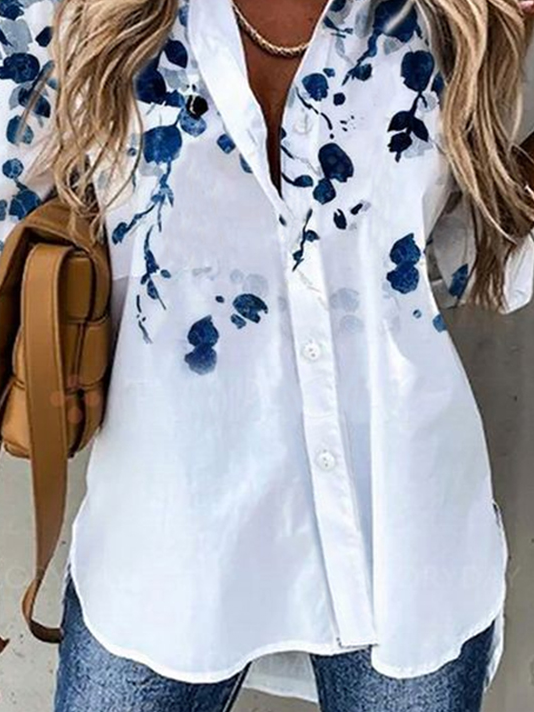 Long Sleeve Floral-Print Shirt Collar Casual Blouse