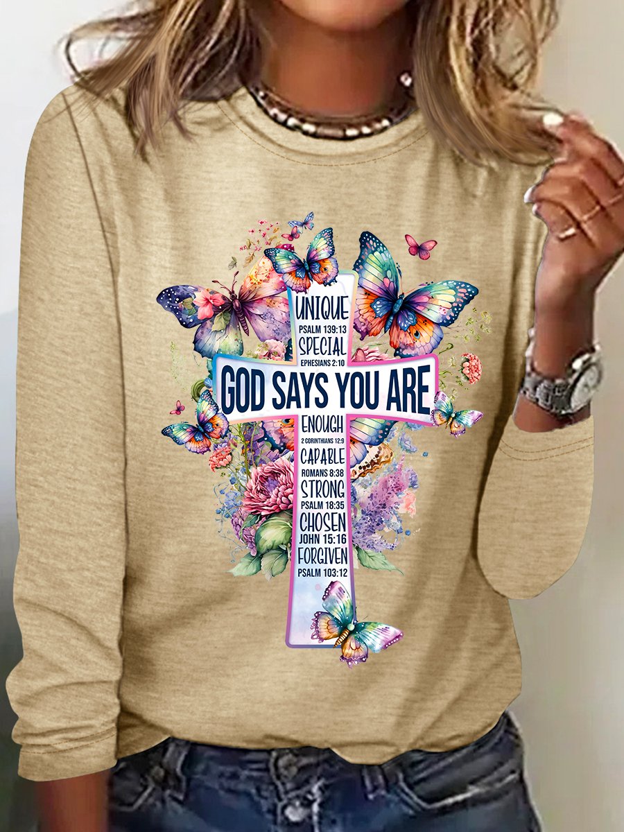 God Says You Are Cross Bible Verse Cross With Watercolor Flowers And Butterflies Casual Long Sleeve Shirt