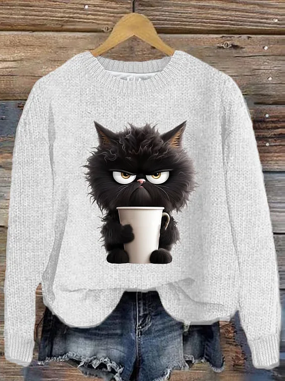 Grumpy Moring Coffee Cat Printed Knitted Pullover Sweater