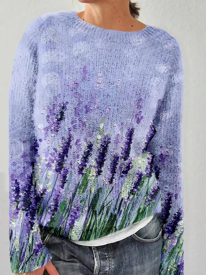 Knitted Crew Neck Casual Purple Floral Alzheimer's Sweater