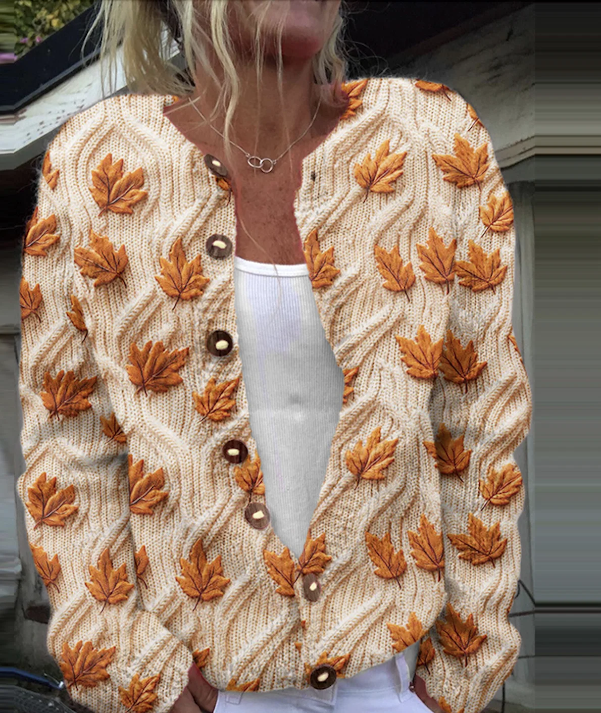 Maple Leaf Art Button Knitted Cardigan