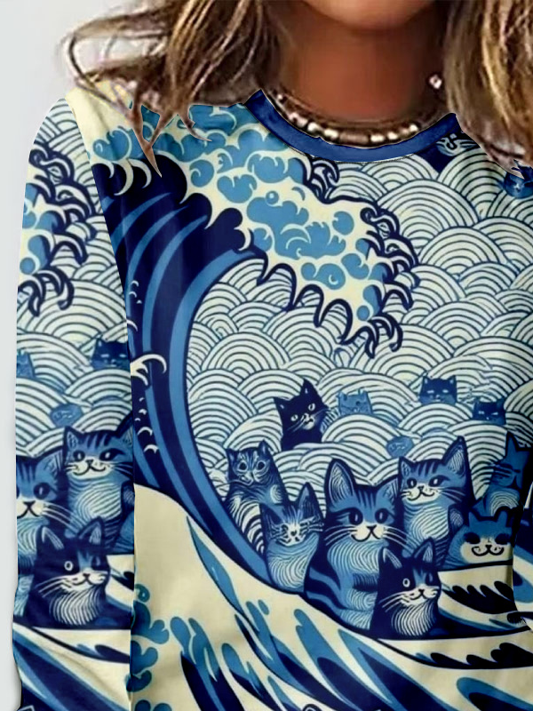 Women's Blue Waves&Cats Print T-Shirt