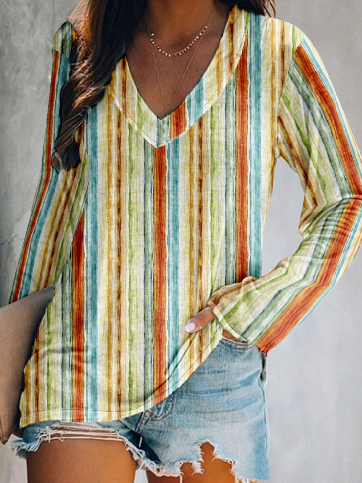 Casual V Neck Striped T-Shirt