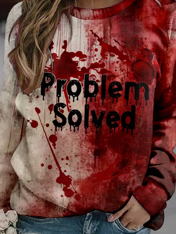 Bloody Problem Solved Halloween Print Casual Crew Neck Sweatshirt