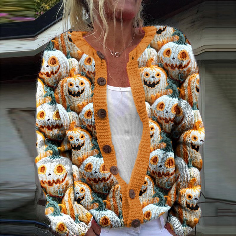 Pumpkin Halloween button knit sweater cardigan