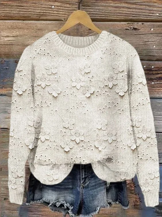 3D Floral Lace Embroidered Cozy Knit Sweater