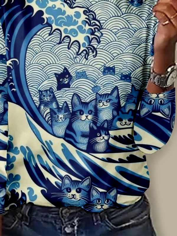 Women's Blue Waves&Cats Print T-Shirt