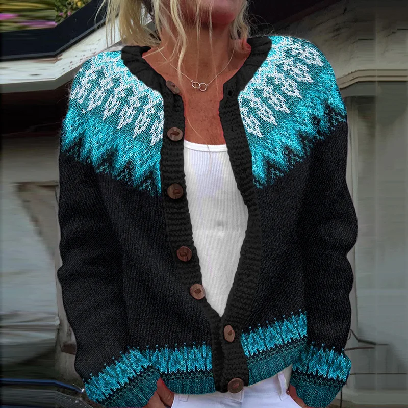 Vintage tribal Icelandic pattern button knit sweater