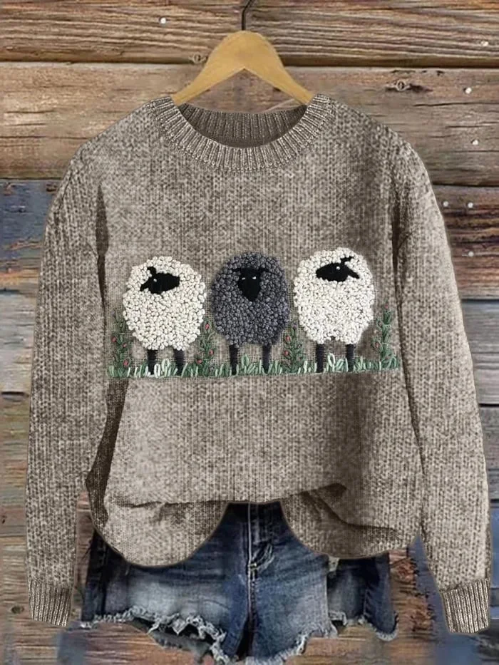 Women's Fluffy Sheep Print Casual Knitted Sweater