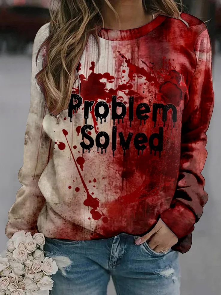 Bloody Problem Solved Halloween Print Casual Crew Neck Sweatshirt