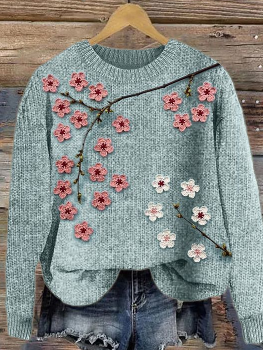 Cherry Blossom Crochet Art Cozy Knit Sweater