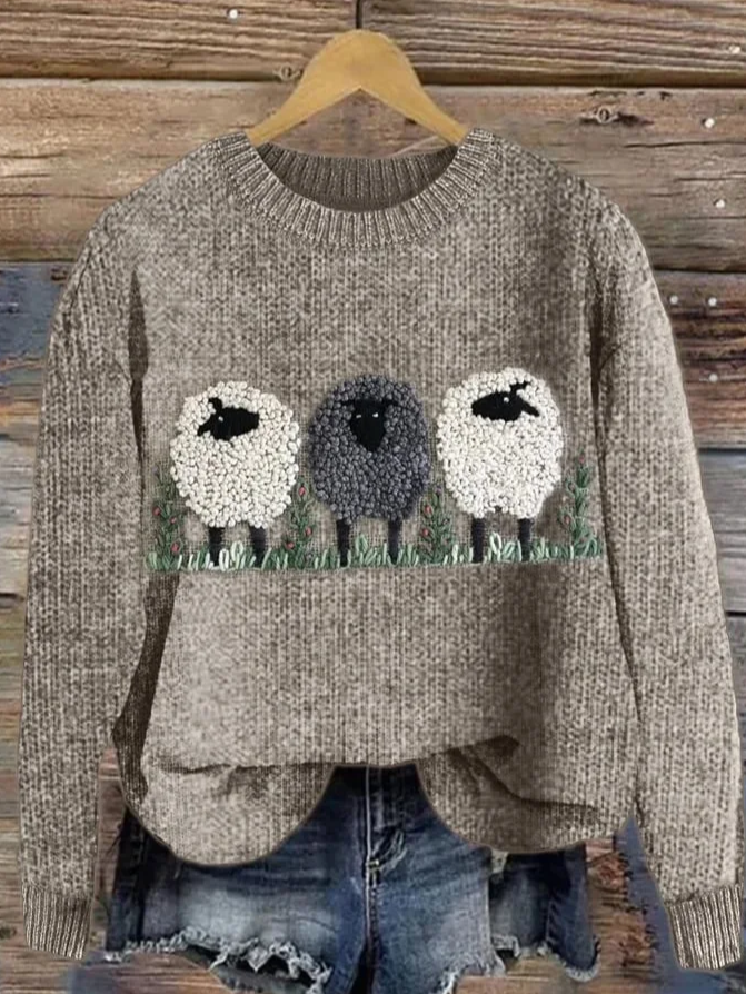 Women's Fluffy Sheep Print Casual Knitted Sweater