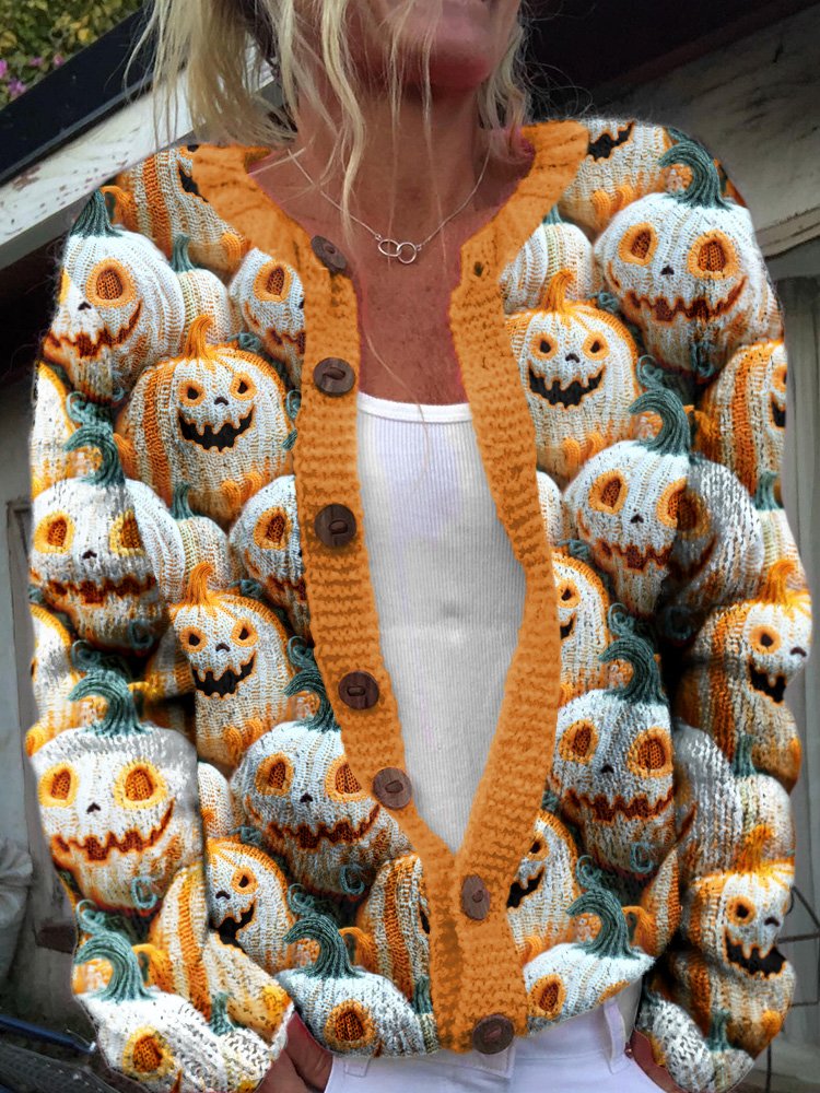 Pumpkin Halloween button knit sweater cardigan