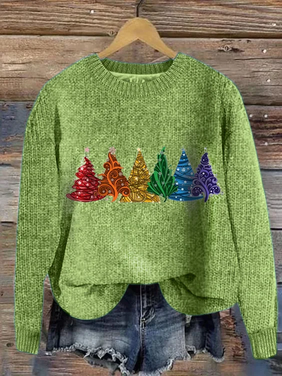 Women's Christmas Tree Knitted Crew Neck Simple Sweater