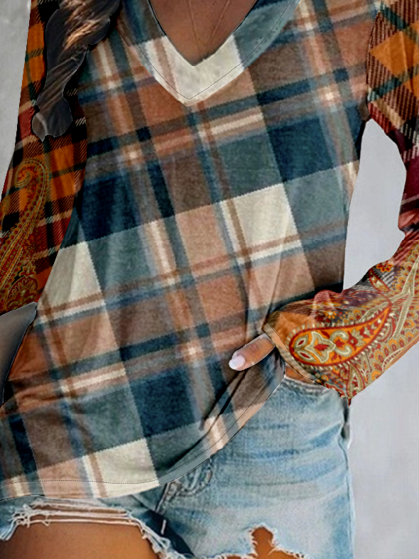 Vintage Plaid V Neck Loose T-Shirt