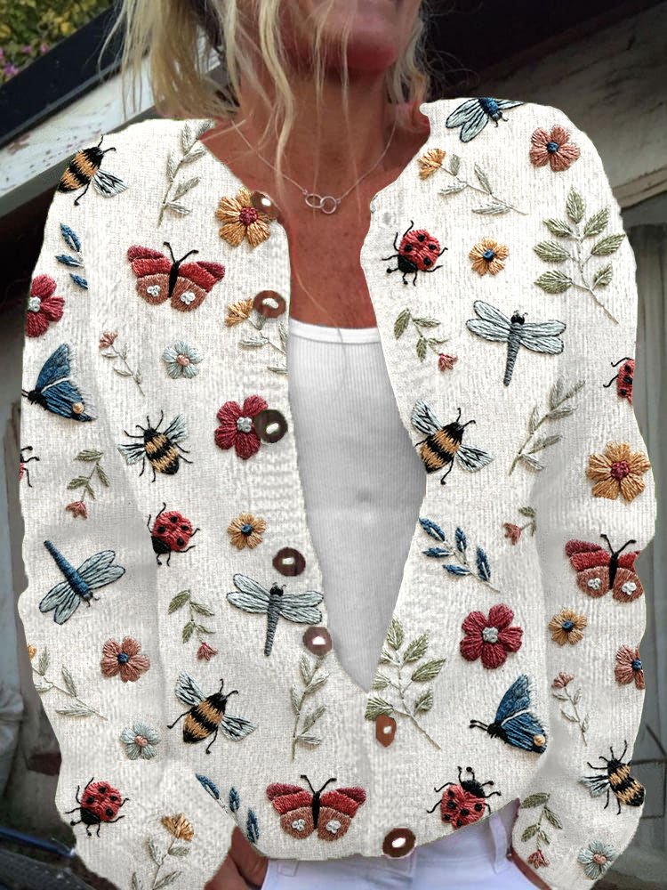 Insect flower embroidery pattern button knit cardigan