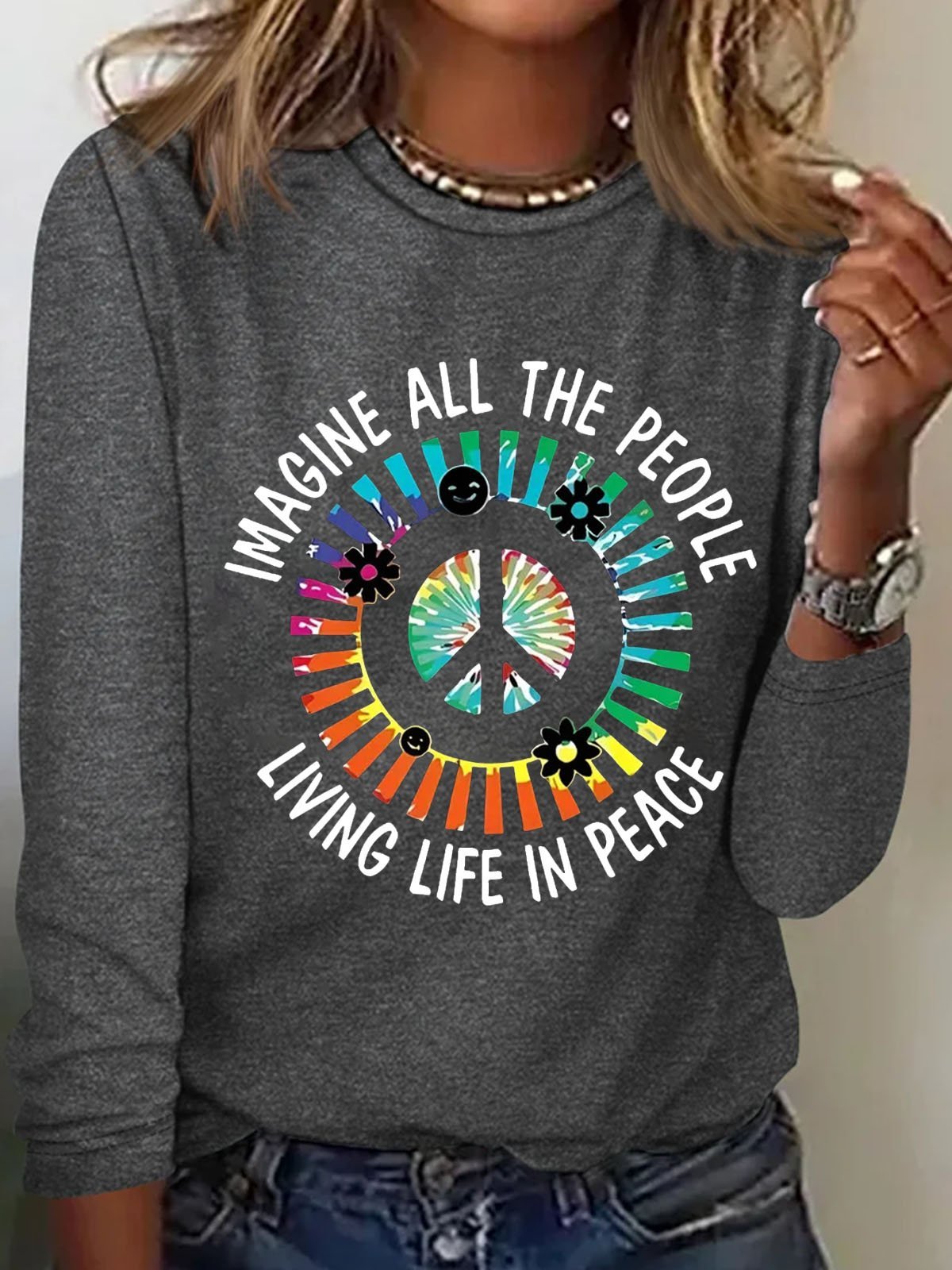 Peace Logo Printed Round Neck T-shirt