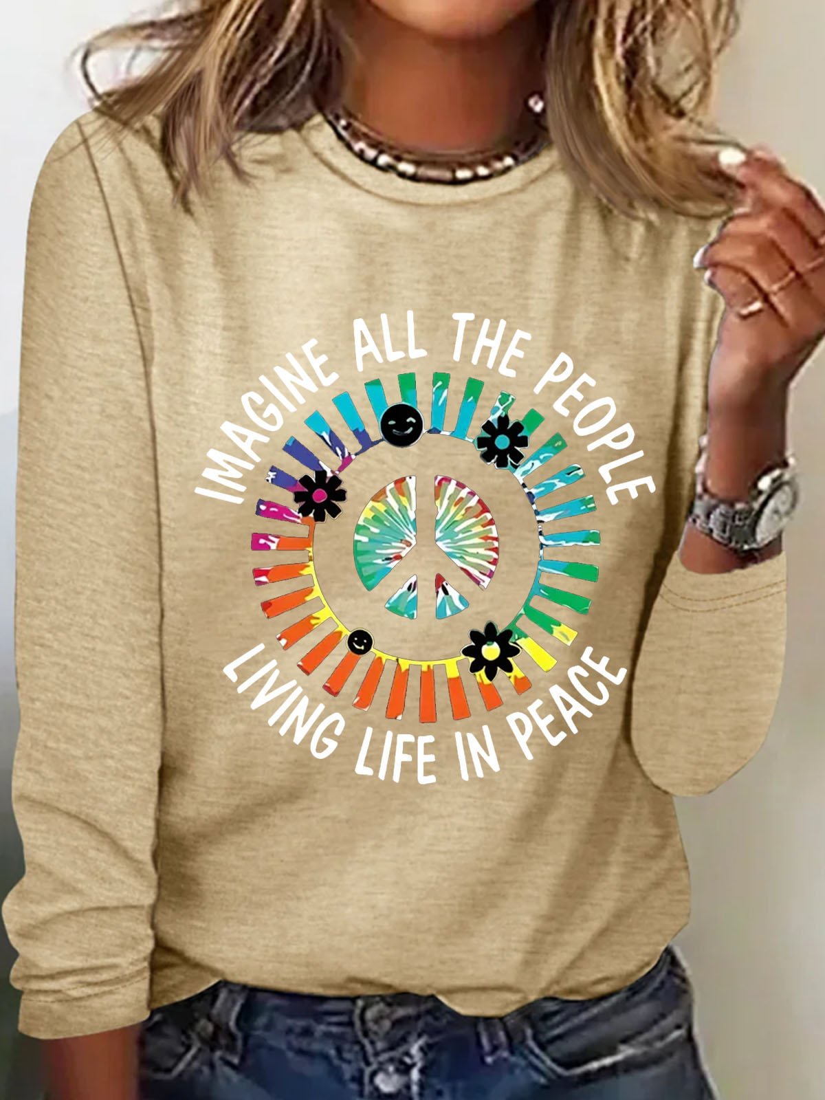 Peace Logo Printed Round Neck T-shirt