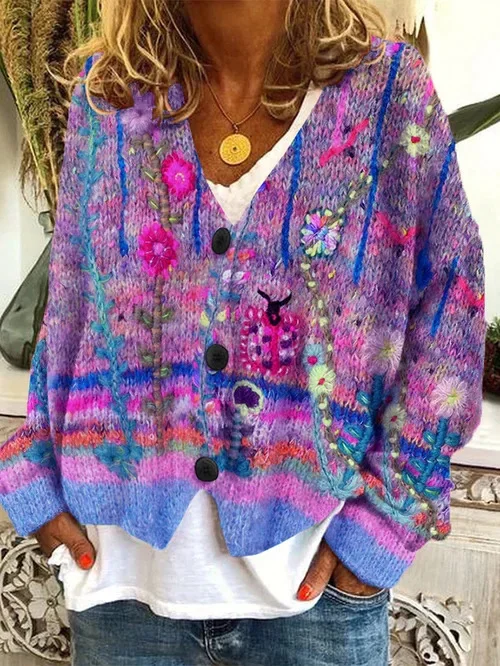 Yarn/Wool Yarn Floral Casual Cardigan