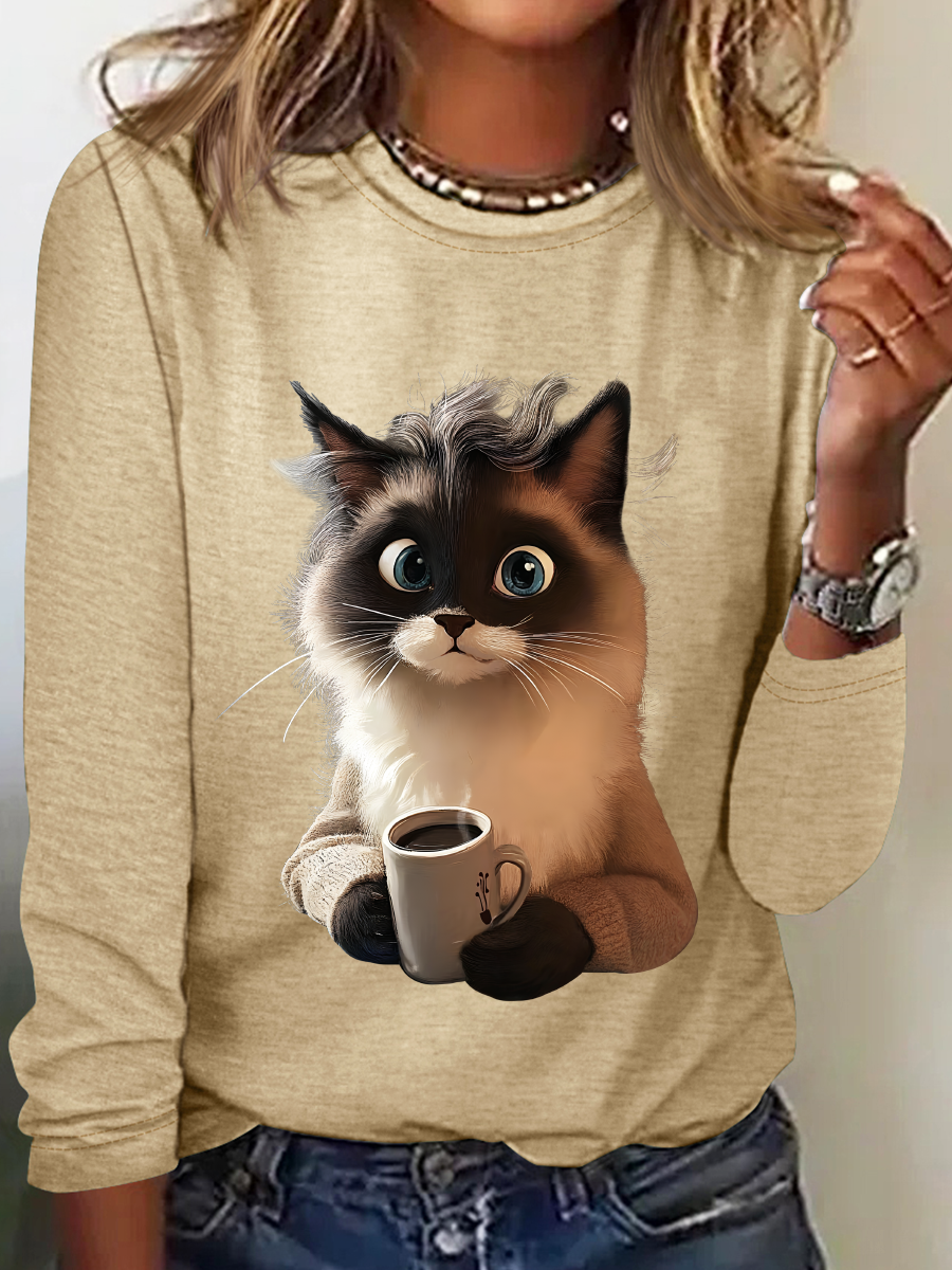 A Cat Drinking Coffee Is Looking At You Casual Long Sleeve Shirt