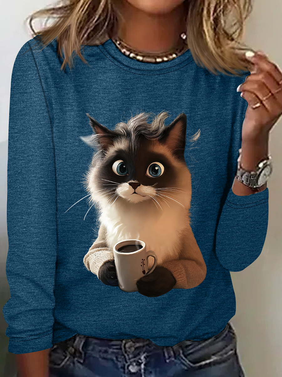 A Cat Drinking Coffee Is Looking At You Casual Long Sleeve Shirt