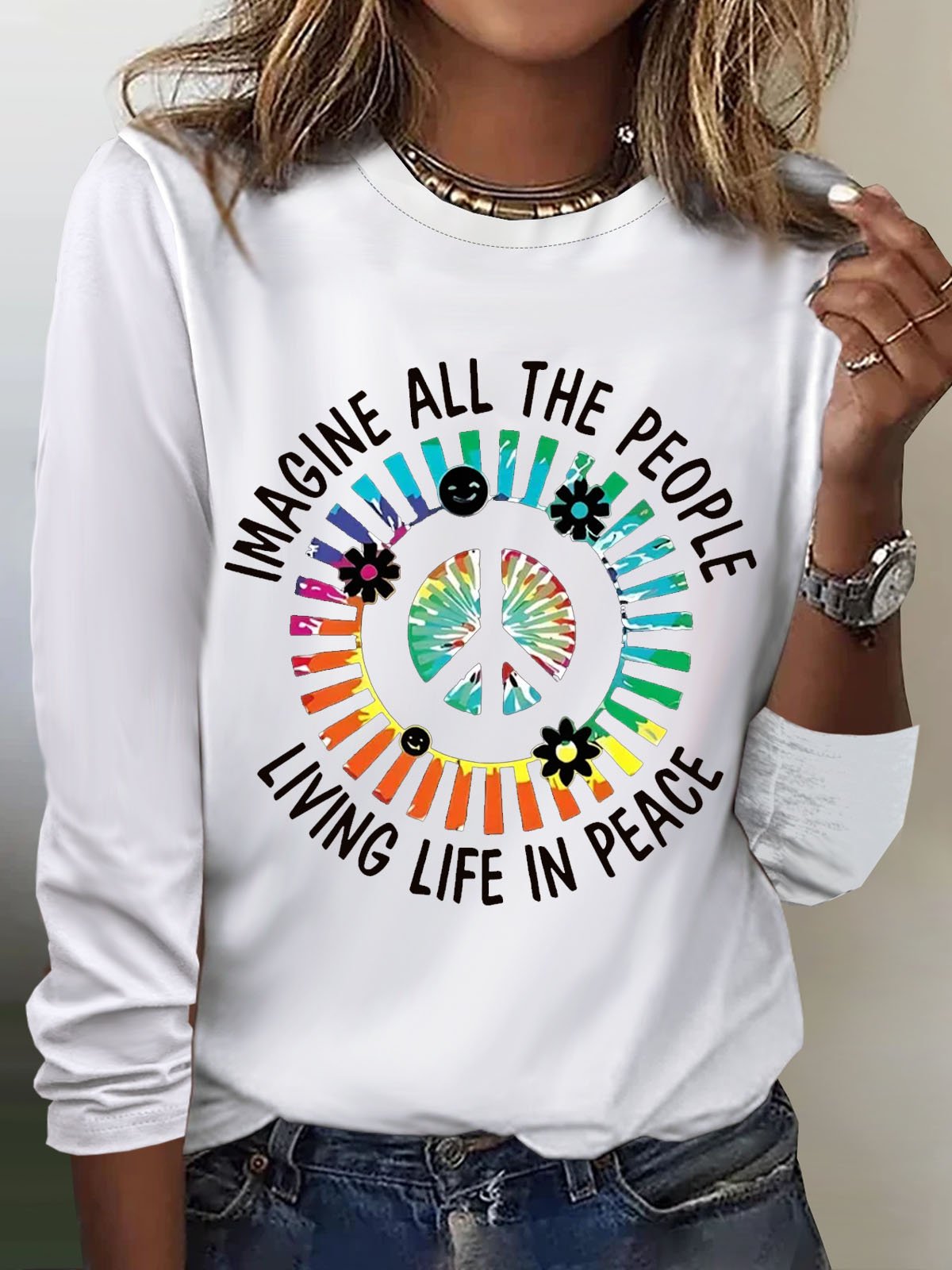 Peace Logo Printed Round Neck T-shirt