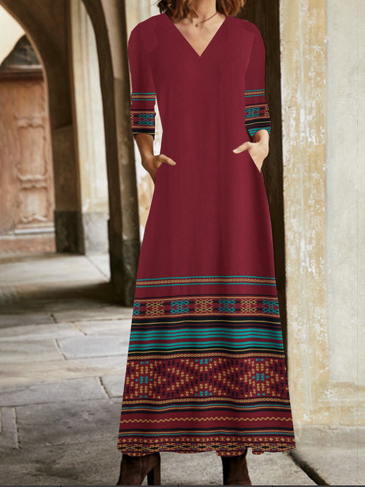 Ethnic Regular Fit V Neck Vintage Dress