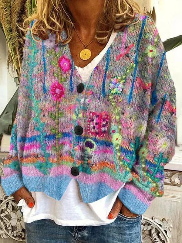 Yarn/Wool Yarn Floral Casual Cardigan