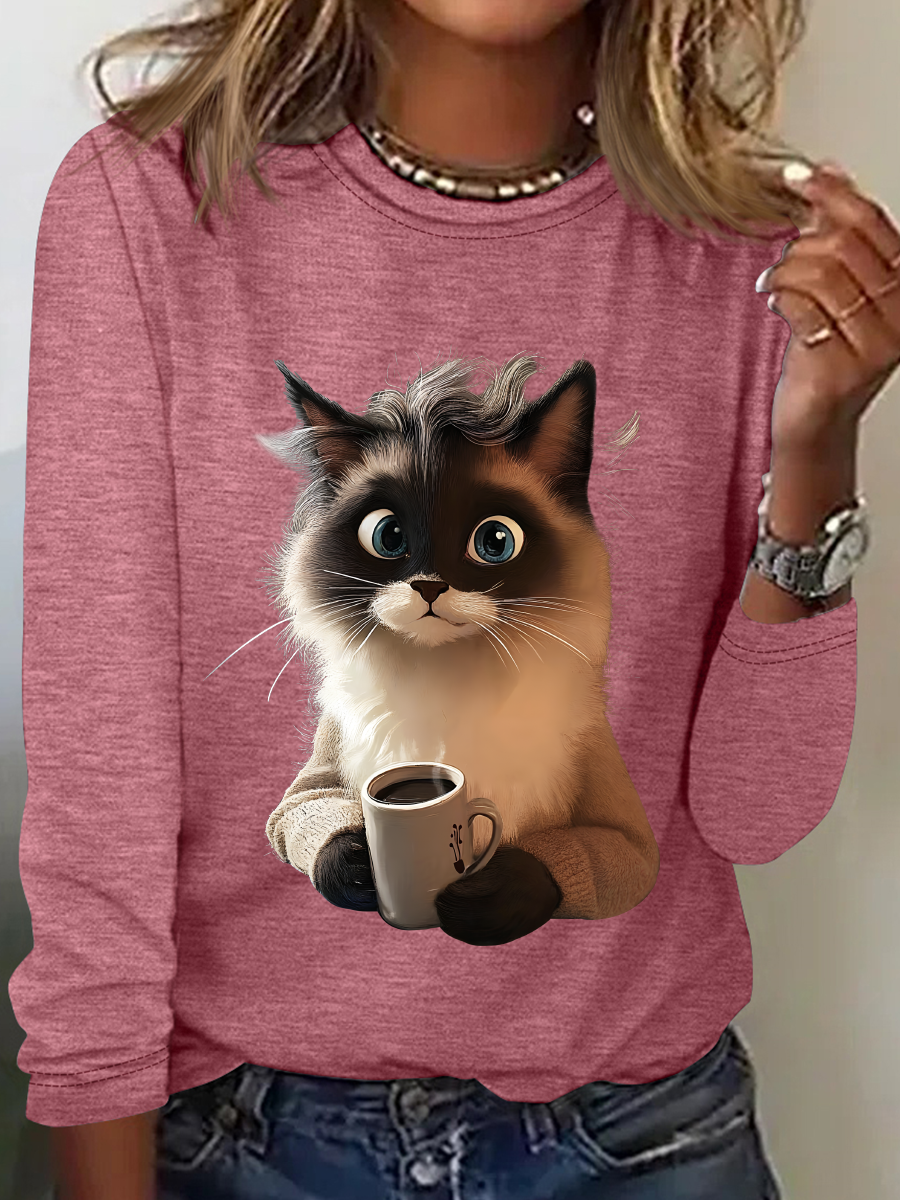 A Cat Drinking Coffee Is Looking At You Casual Long Sleeve Shirt