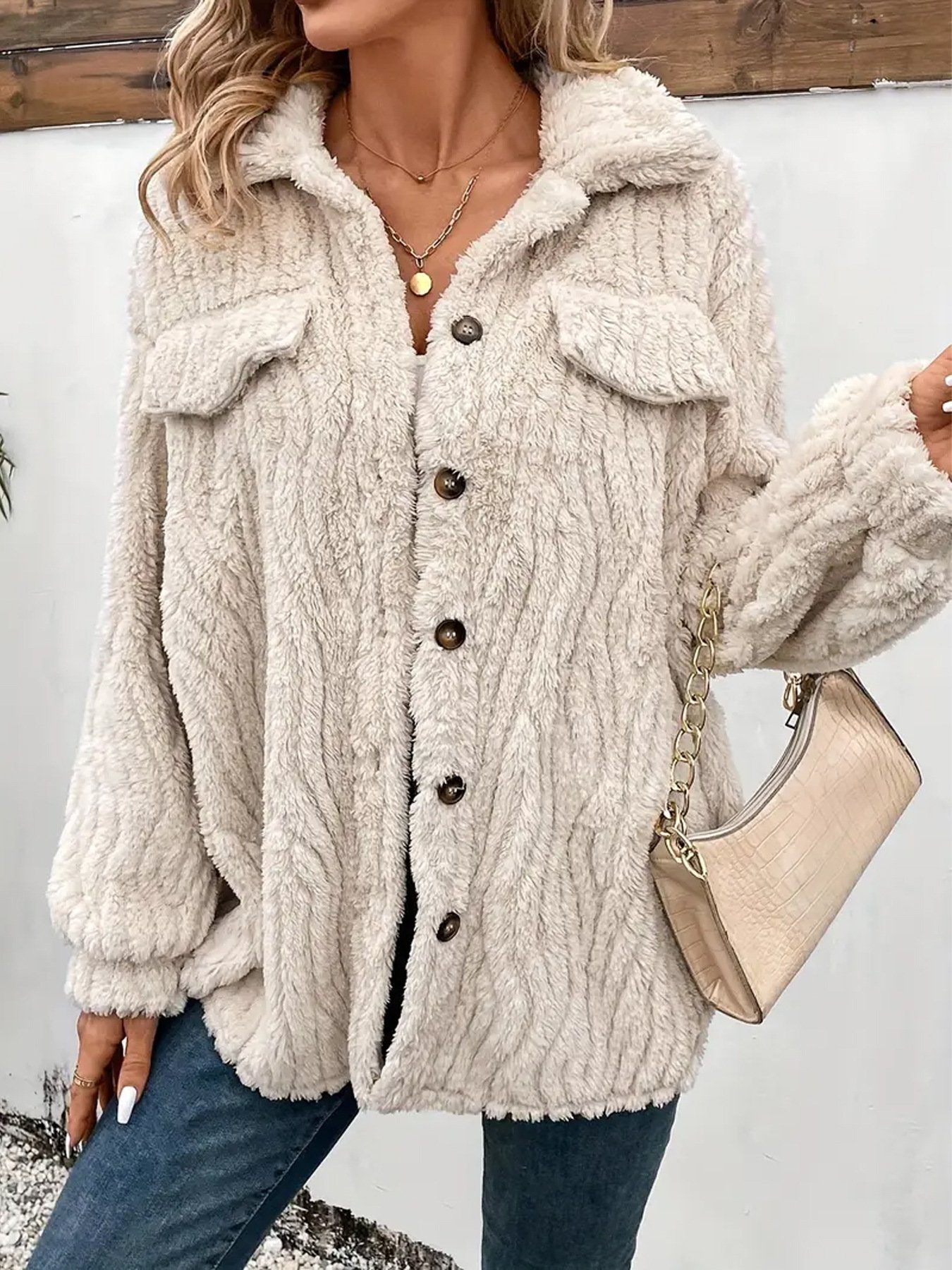 Casual Fluff/Granular Fleece Fabric Teddy Jacket