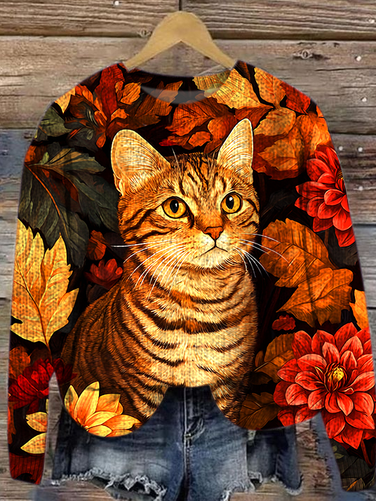 Cat Crew Neck Loose Maple Leaf Casual Sweater