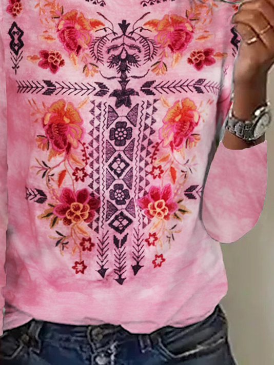 Hippie Crew Neck Casual Floral T-Shirt