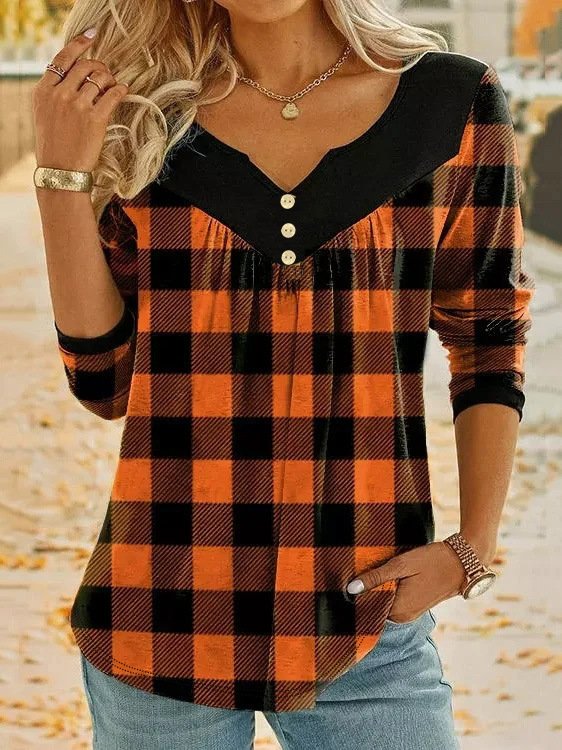 Plaid Casual Loose Notched Blouse